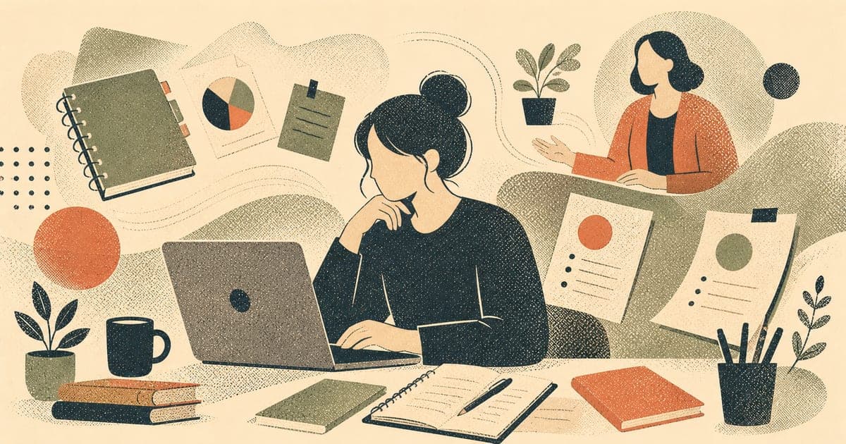 Provisional psychologist at a desk surrounded by logbooks and documentation with a supportive supervisor figure in the background — Risograph illustration