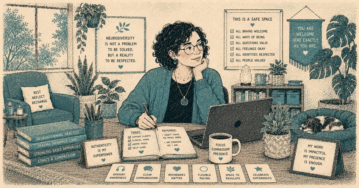 Neurodivergent clinician at a desk with assistive tools and a calm, organised workspace — Risograph illustration