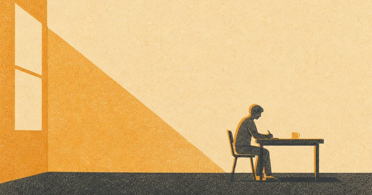 Abstract Risograph illustration of a solitary figure seated at a desk, surrounded by warm amber light and minimal geometric shapes on cream background