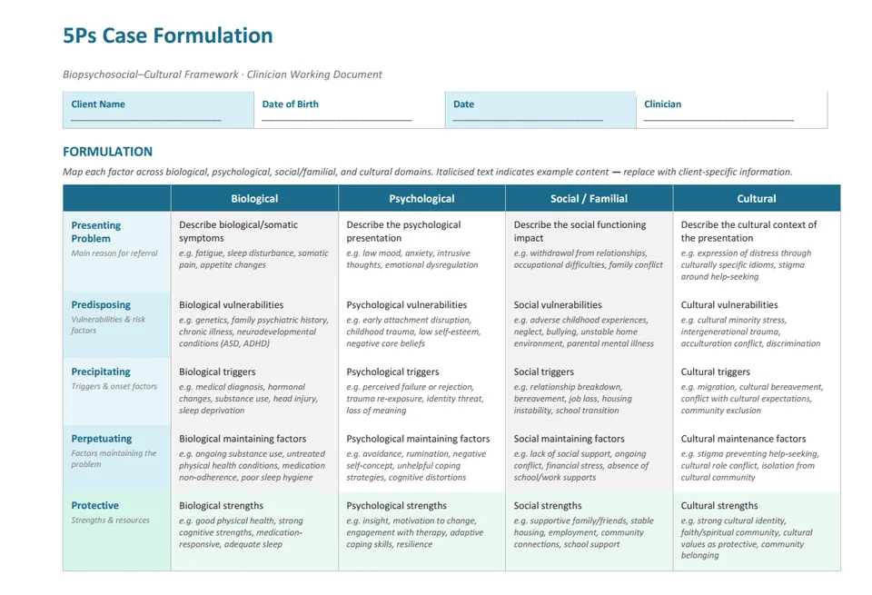 5Ps Biopsychosocial–Cultural Case Formulation Template (Clinical Edition)