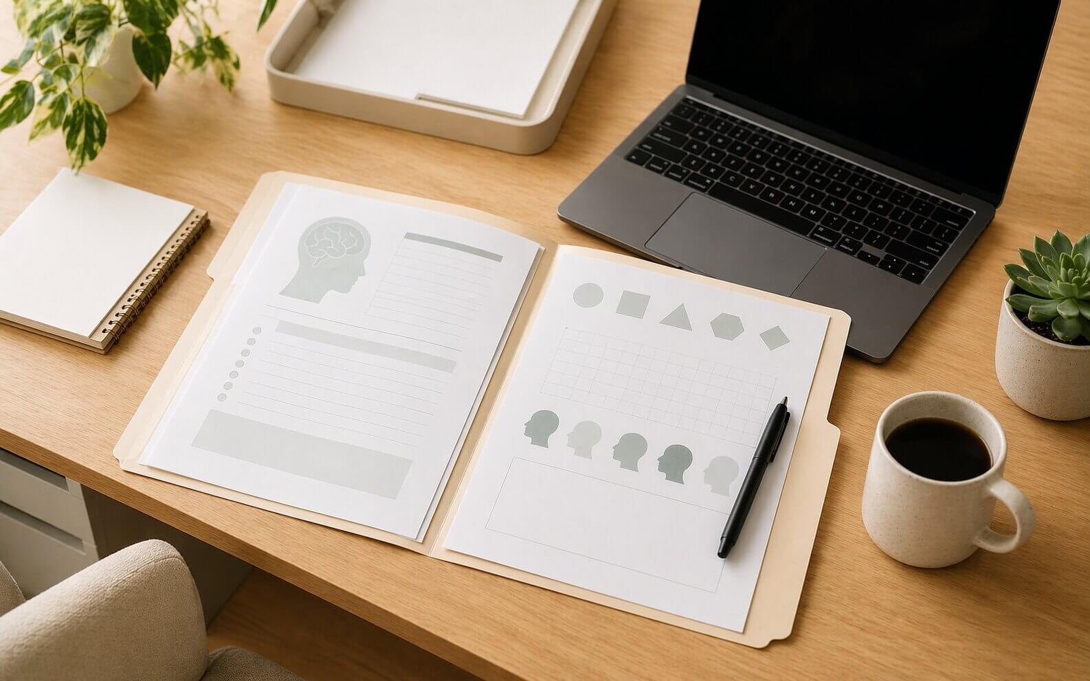 Psychologist's desk with clinical documents reflecting Australian healthcare context