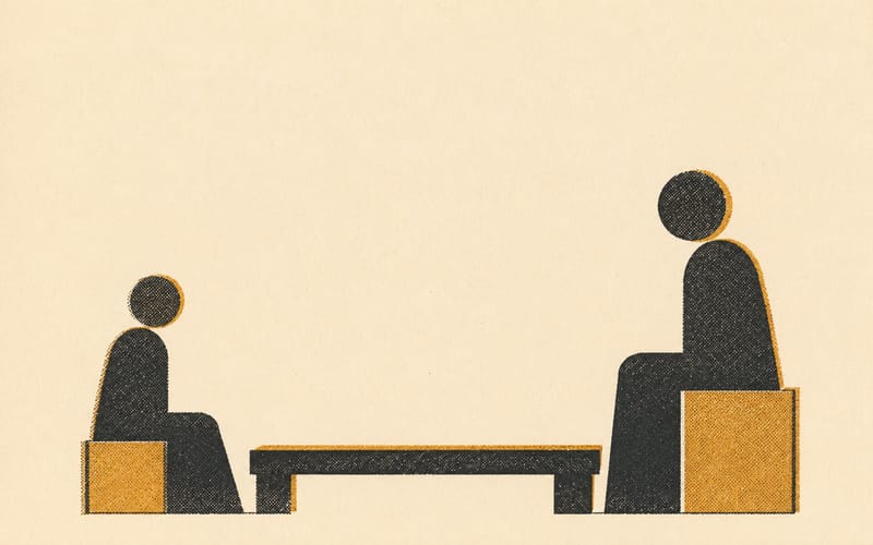 A risograph illustration of two abstract figures sitting across a table at unequal heights — one elevated, one lower — suggesting a power imbalance in a supervisory or professional relationship, flat amber and deep charcoal ink on cream with visible riso grain texture and ink misregistration