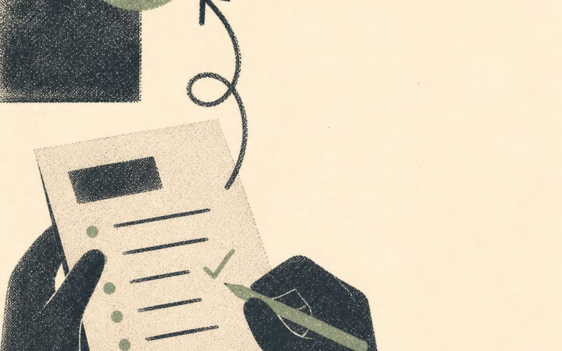 Hands checking a register, verification marks in charcoal, minimalist Risograph aesthetic