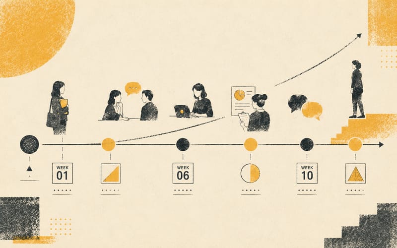Timeline graphic showing internship milestones from application through supervisor sign-off to AHPRA approval
