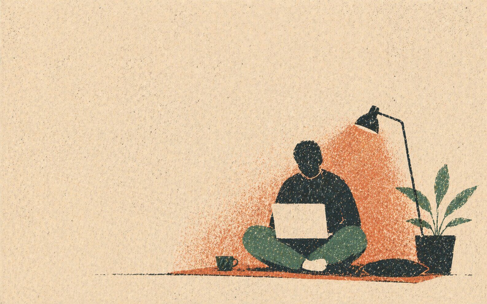 Abstract illustration of a figure with a laptop in a quiet focused moment, representing catching up on the logbook