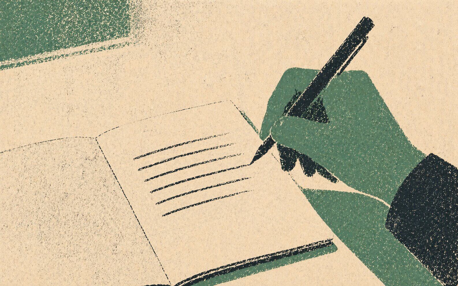Abstract illustration of a hand writing in a clinical journal, representing the reflection process