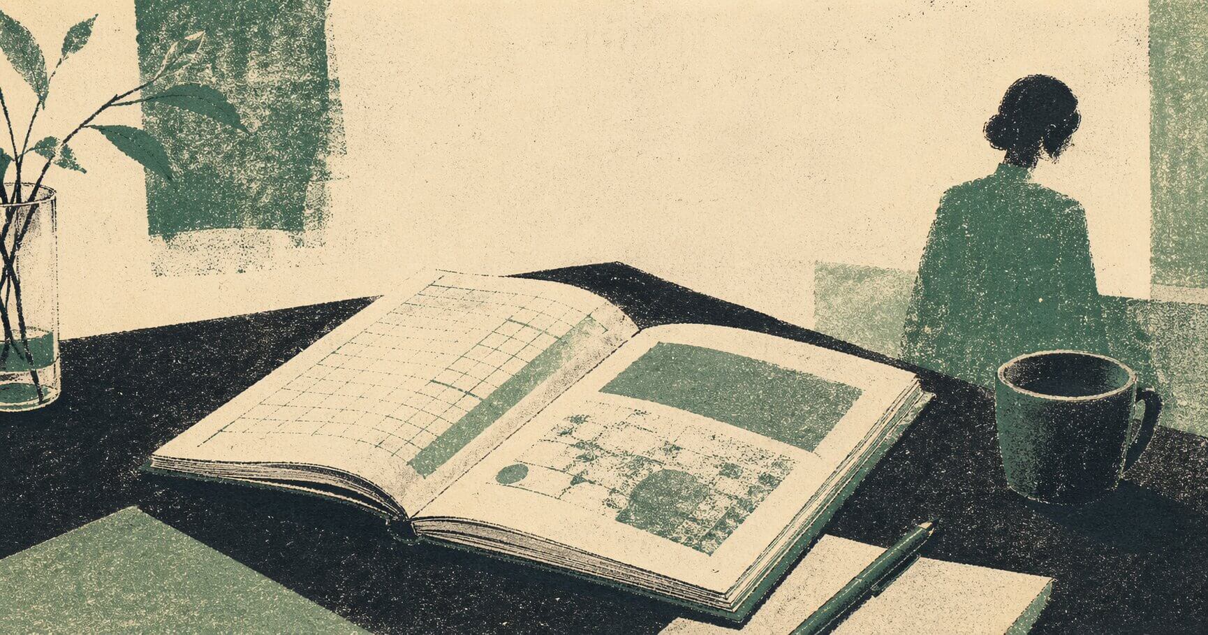 A laptop showing a grid structure beside a printed document, representing the master spreadsheet system