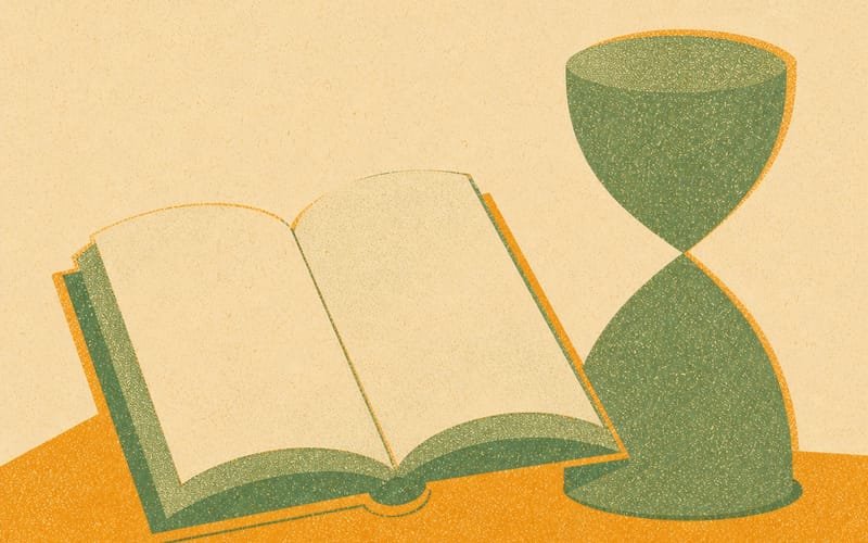Risograph illustration of an open book beside a soft geometric hourglass shape, amber and sage green flat ink on cream, visible grain and ink misregistration, representing timed study preparation