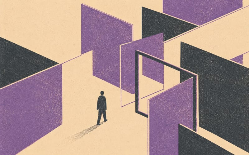 A risograph illustration of a small abstract figure navigating a corridor of overlapping angular shapes, flat dusty violet and charcoal on cream with visible ink misregistration and grain
