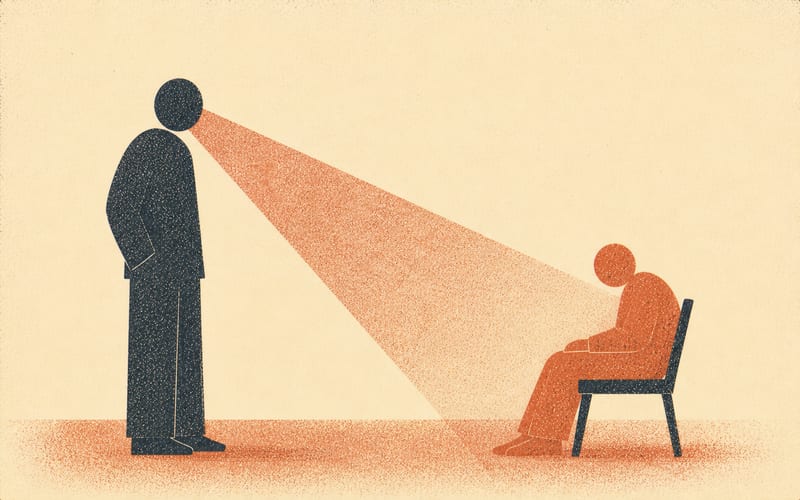 A figure at a distance from another, separated by a wide empty plane — representing power imbalance and disconnection in supervision